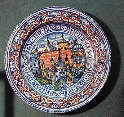 Delfts bord met uitzicht op de Tower of London, van bovenaf, c.1600 door English School
